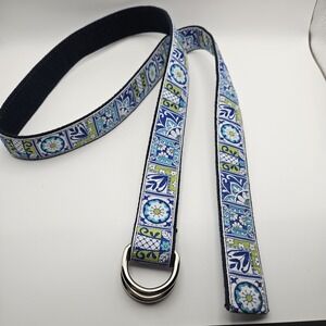 Discontinued The Belted Cow Blue Floral Tile D RING Belt Size L - NWOT